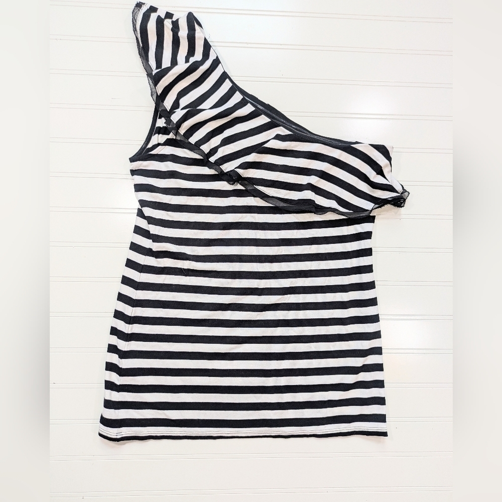 WHBM Black/White Striped Ruffles One Shoulder Knit Top